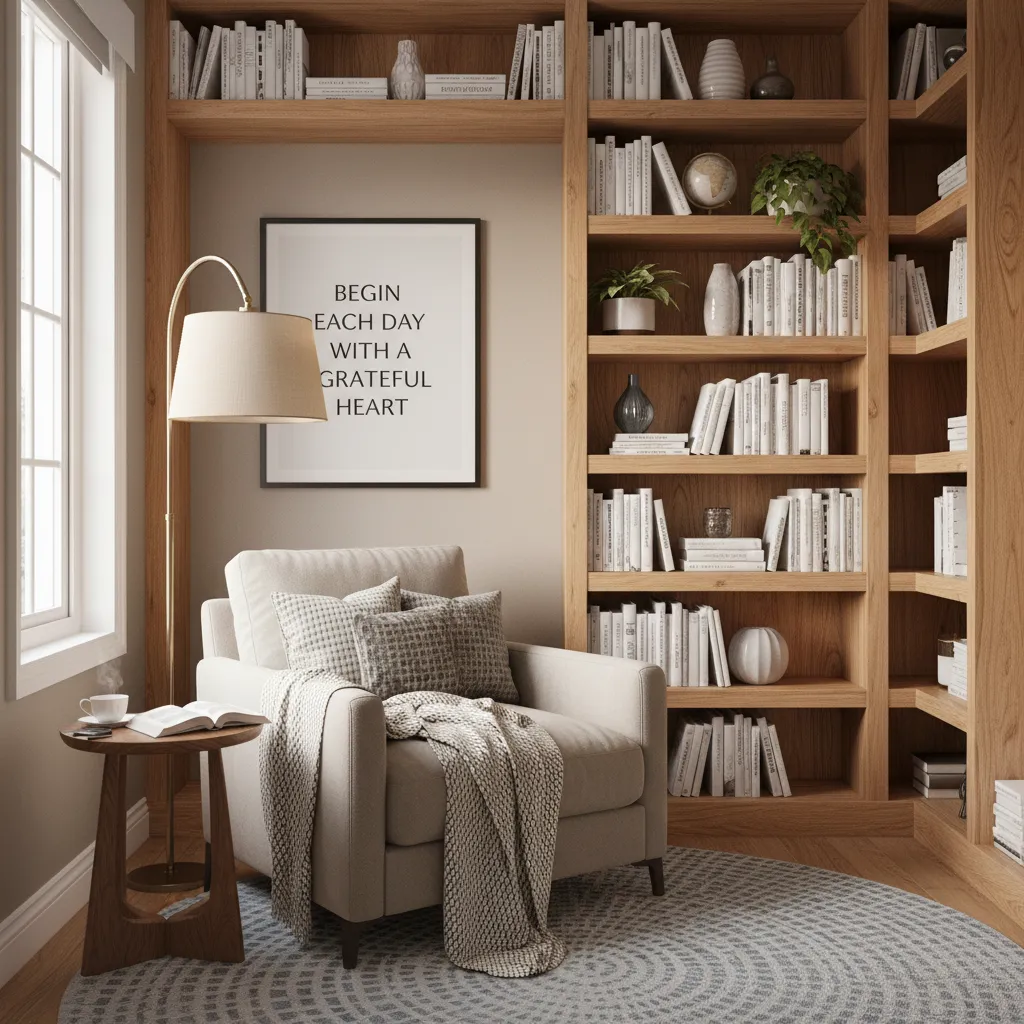 Reading corner with inspirational wall quote and bookshelf