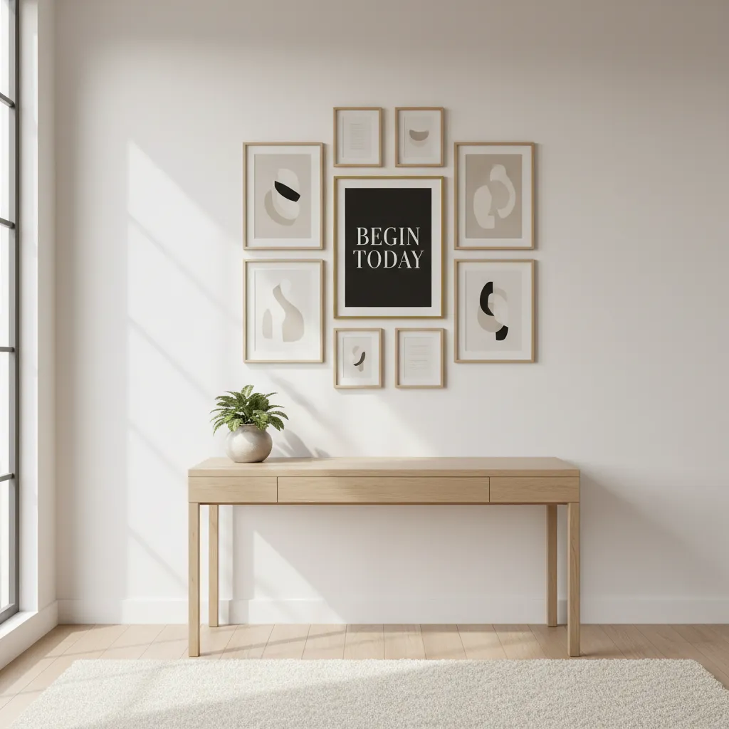 Gallery wall in study room with framed motivational quote