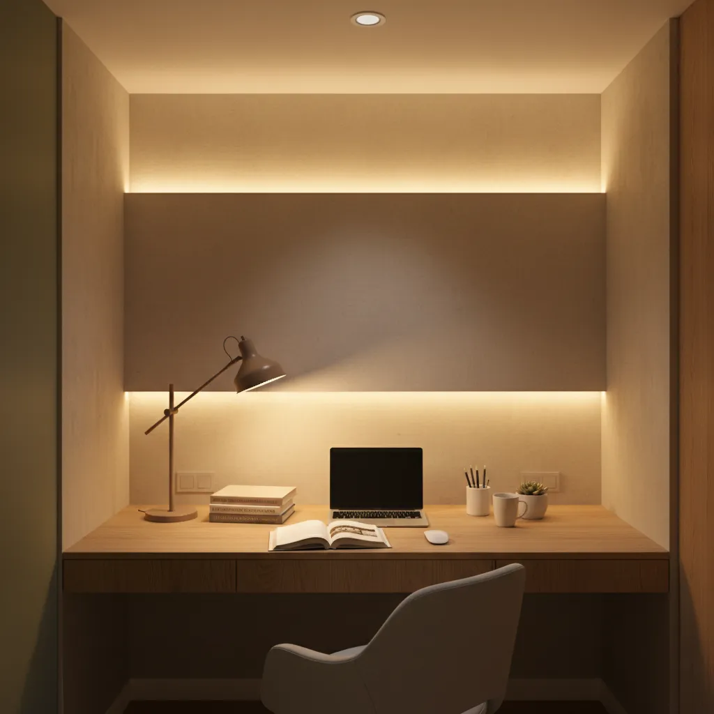 small study room with desk lamp ceiling light and soft wall lighting