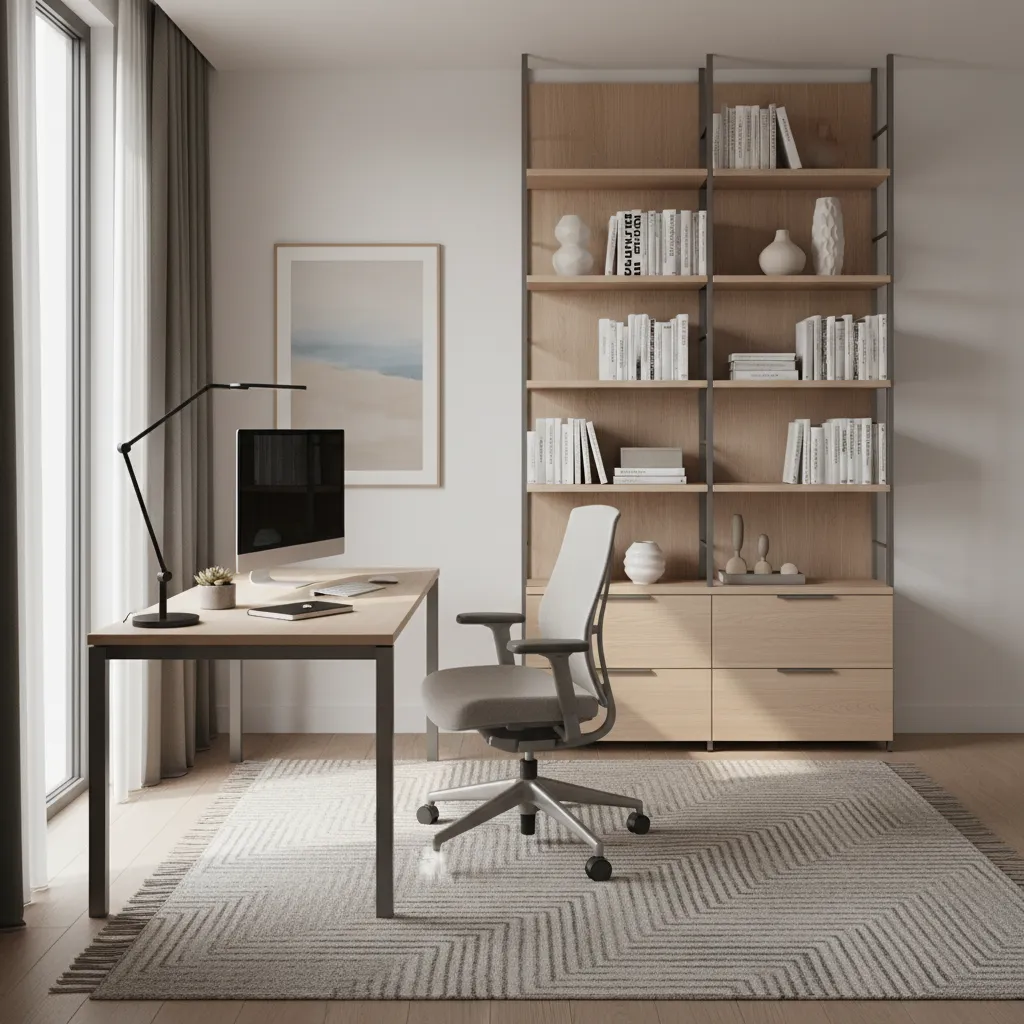 study desk layout facing side window with shelves and desk lamp