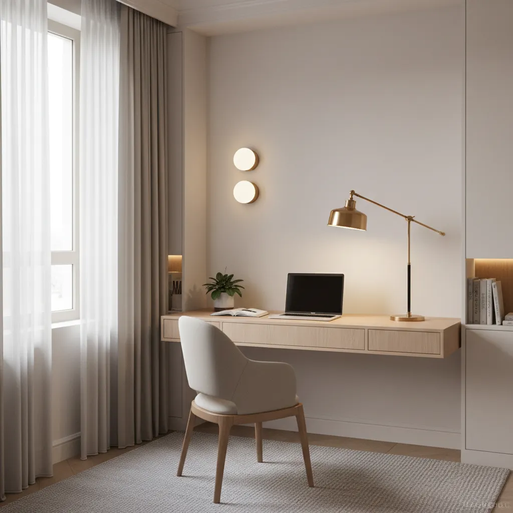 small study room with layered lighting including desk lamp and wall light