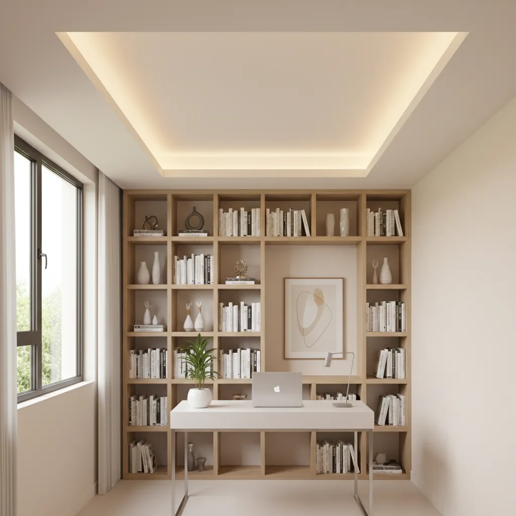Study room with tray ceiling and hidden LED lighting creating soft ambient illumination