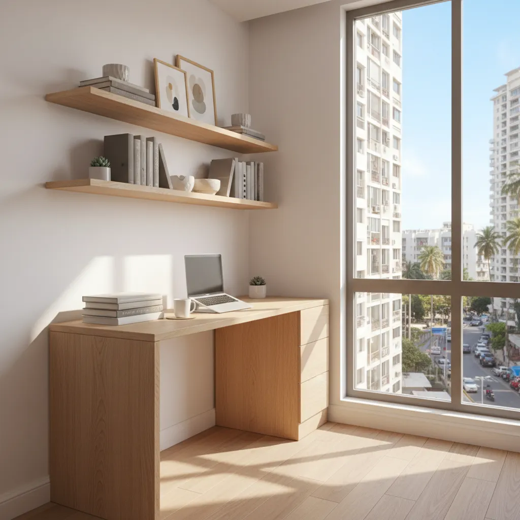 Study desk positioned beside window with natural light