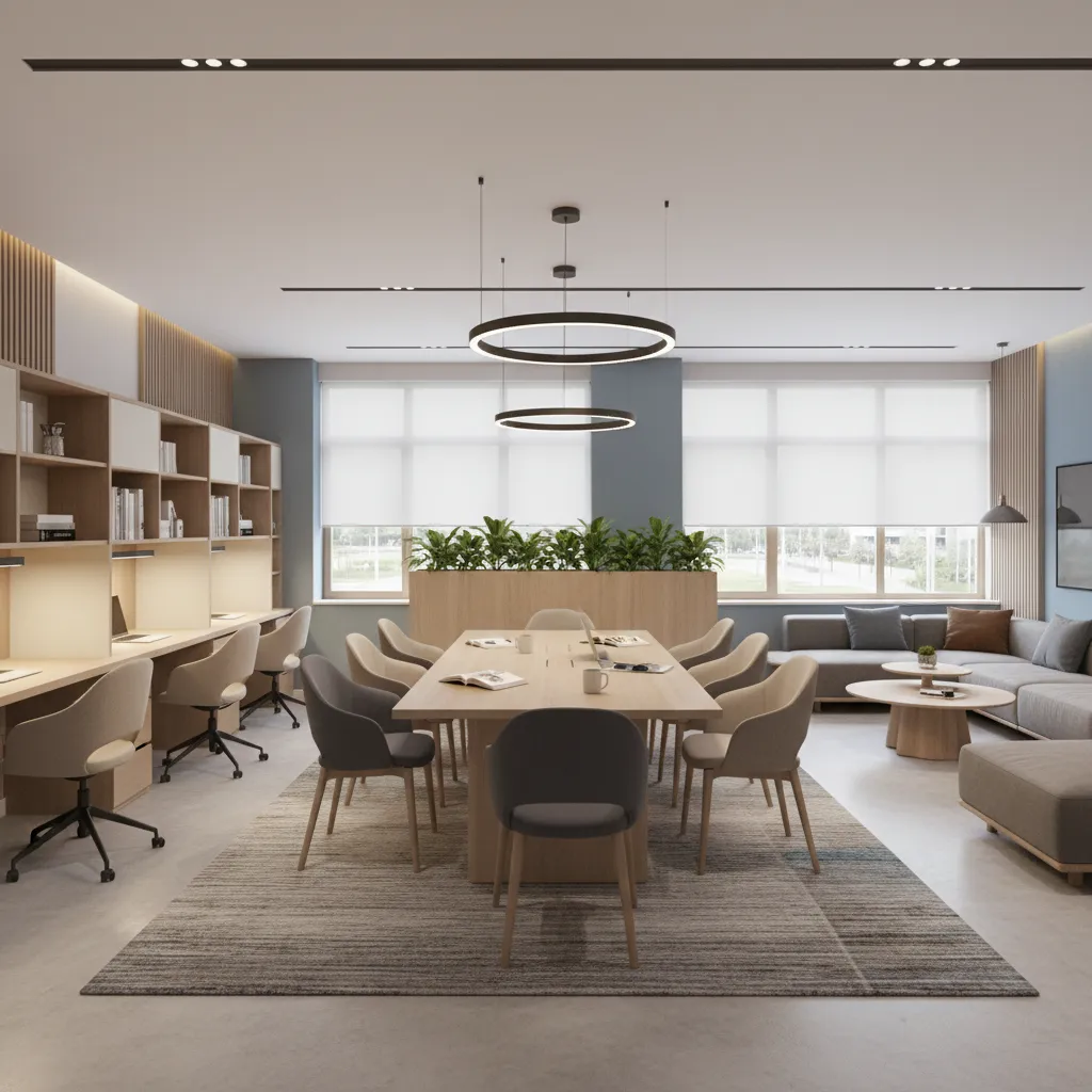 University study room with separate quiet desk area and collaboration table
