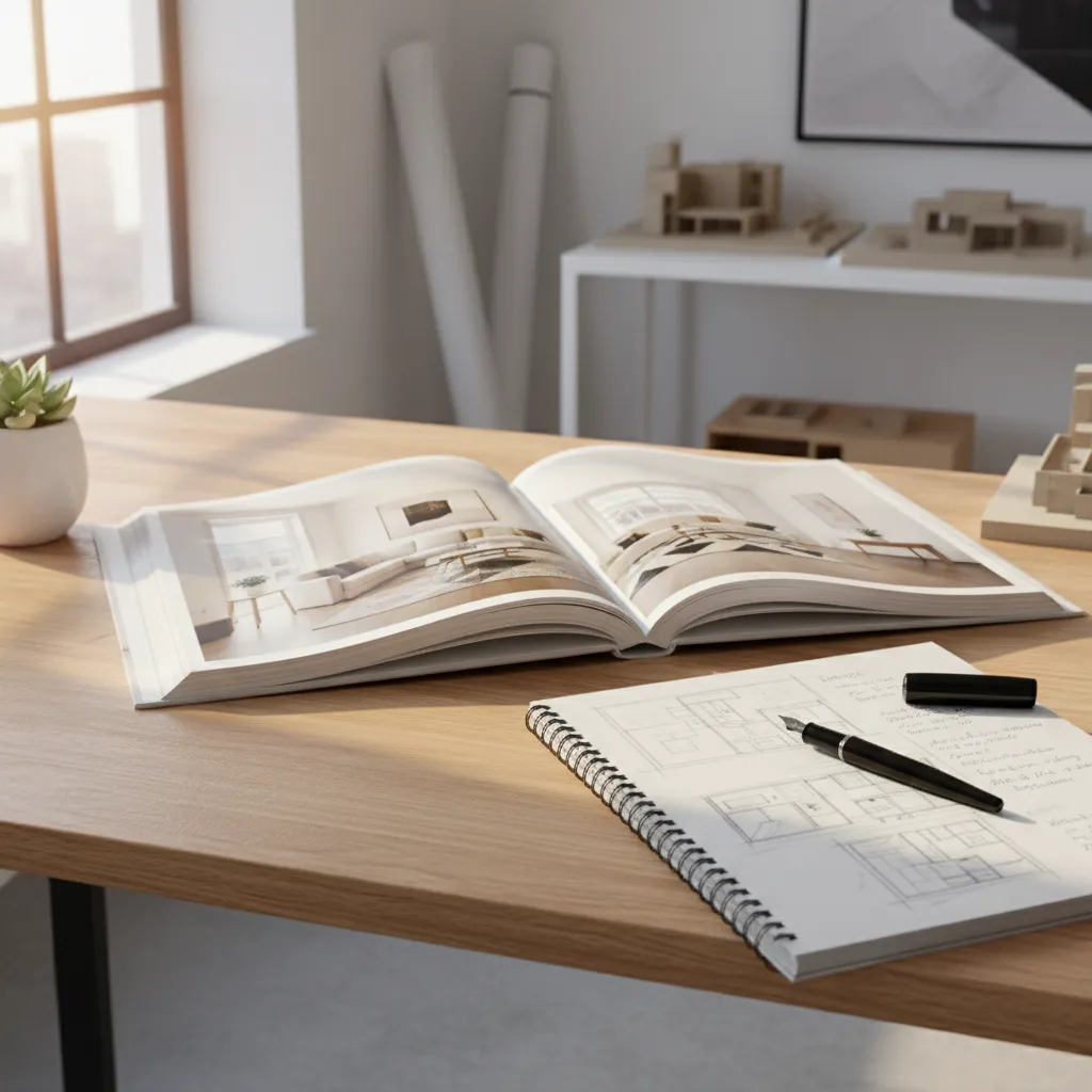 designer studying interior design book while taking notes on layout analysis