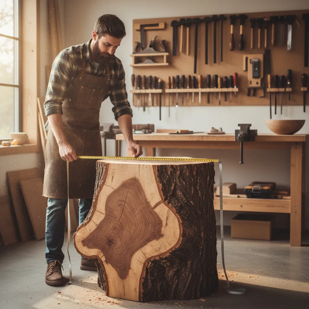 measuring diameter and height of a tree stump for a table project