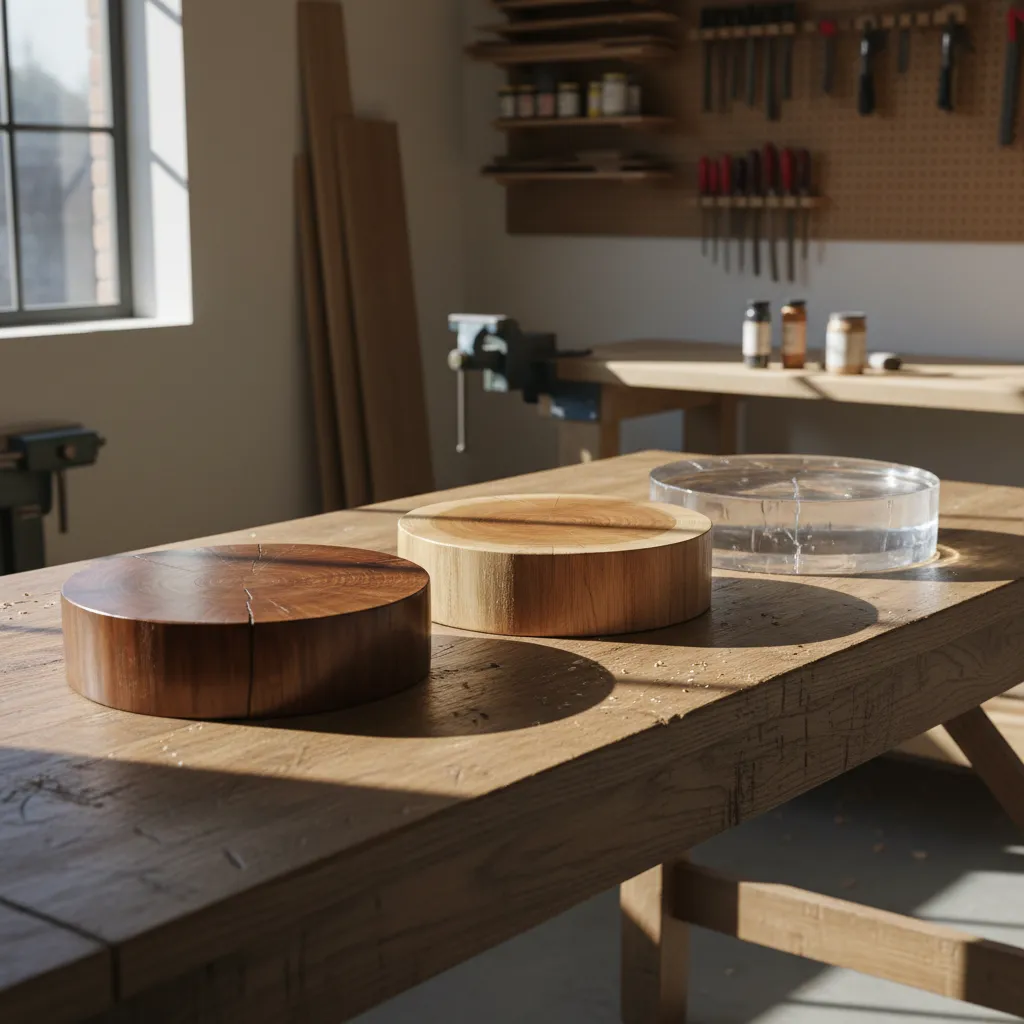 Wood stump table showing matte oil finish satin polyurethane and glossy epoxy surfaces