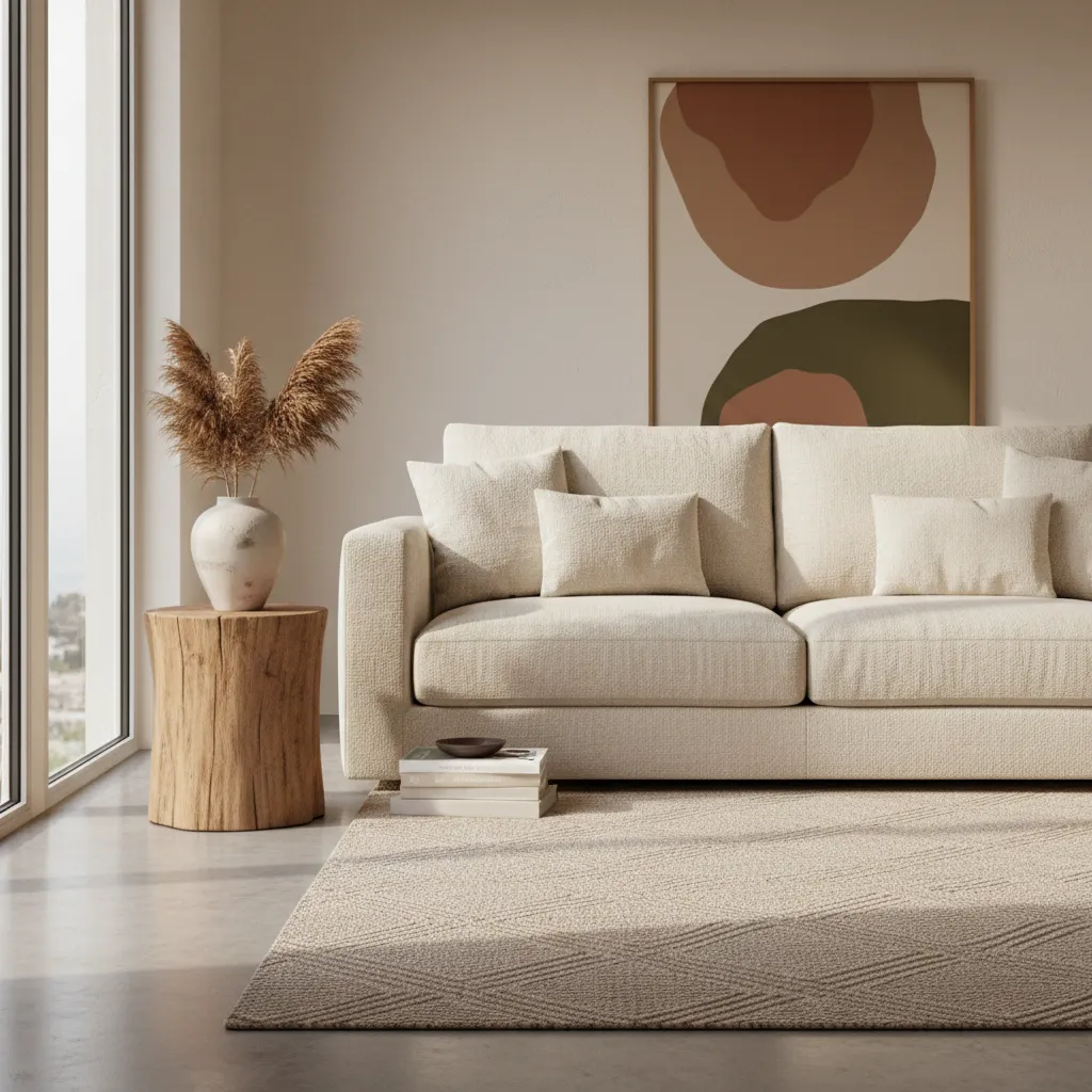 wood stump side table beside sofa in a contemporary living room