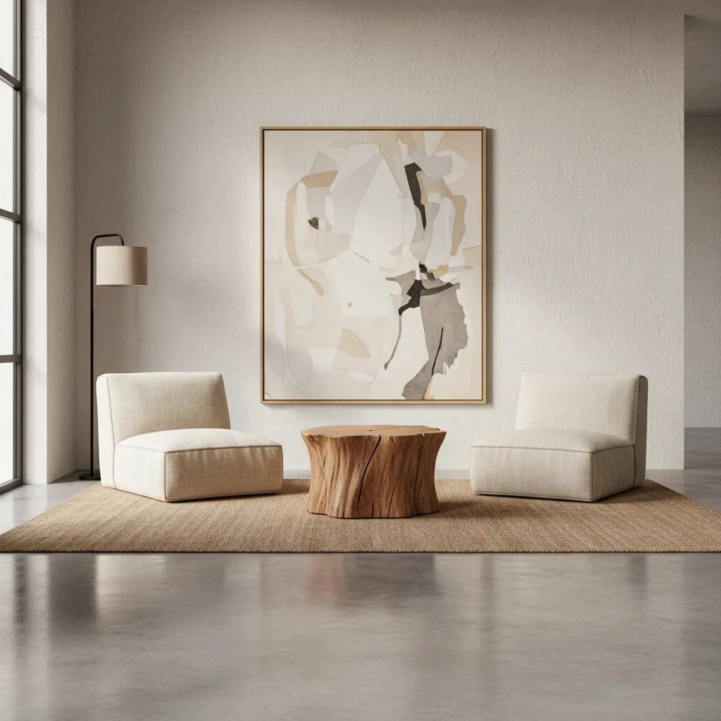 raw wood stump table contrasting with modern minimalist furniture