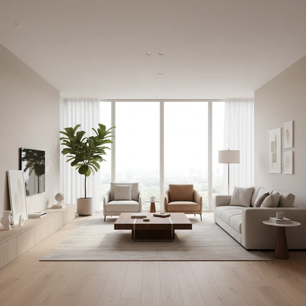 Bright living room with white sofa, two chairs, wooden table, green plant, and large floor windows