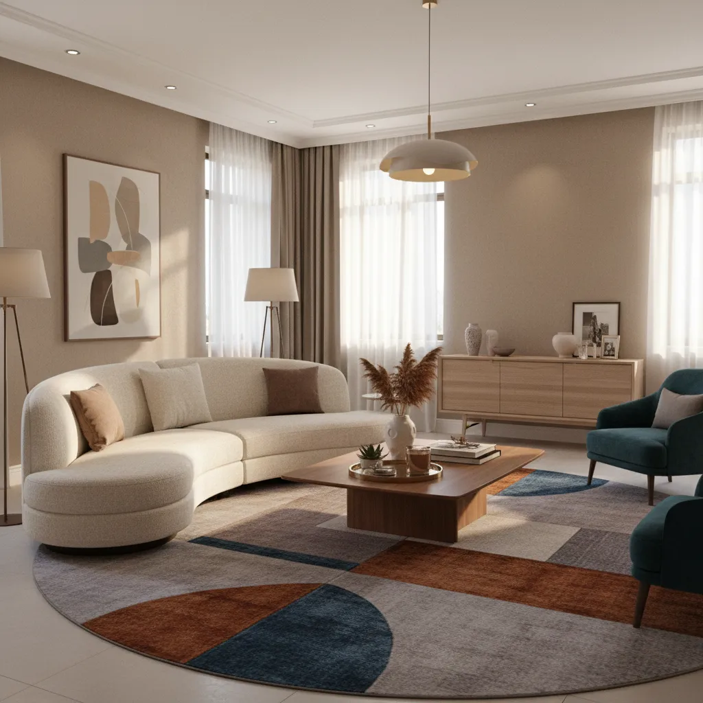 well styled drawing room with 7 seater sofa rug and lighting