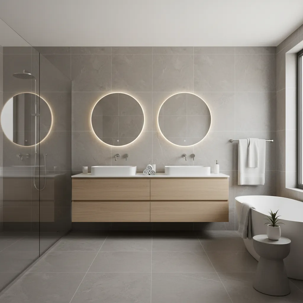 Neutral bathroom with neatly folded towels hanging on modern towel bars