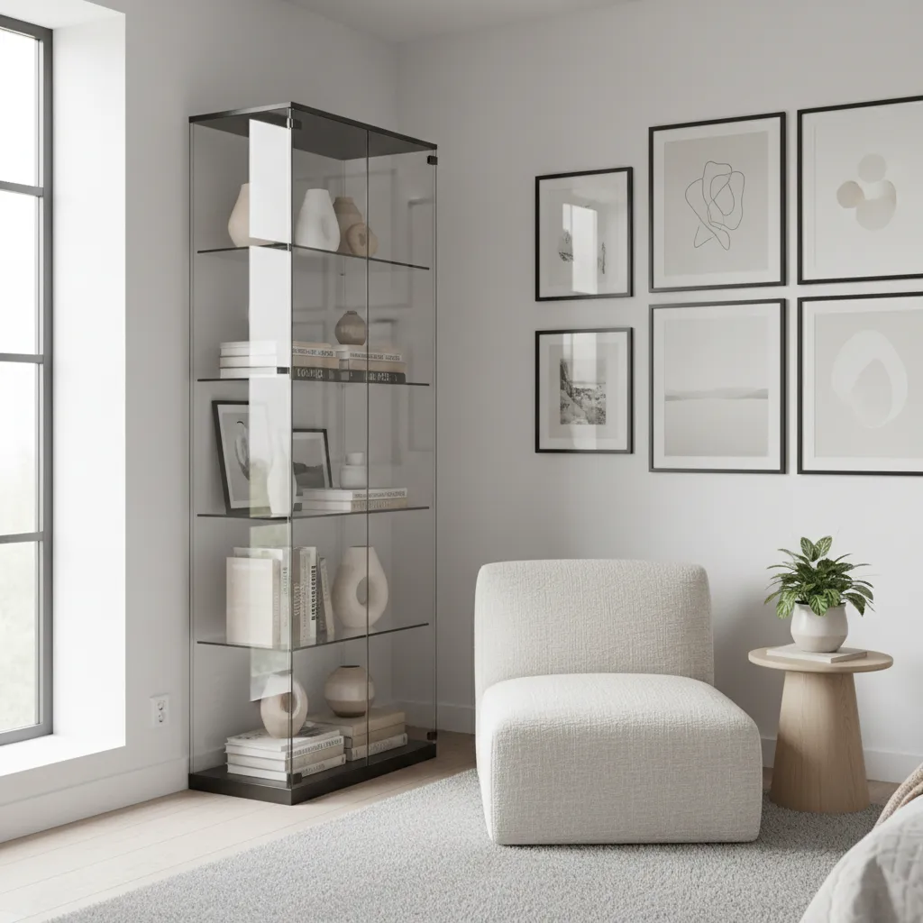 China cabinet styled with books ceramics and framed art inside modern bedroom