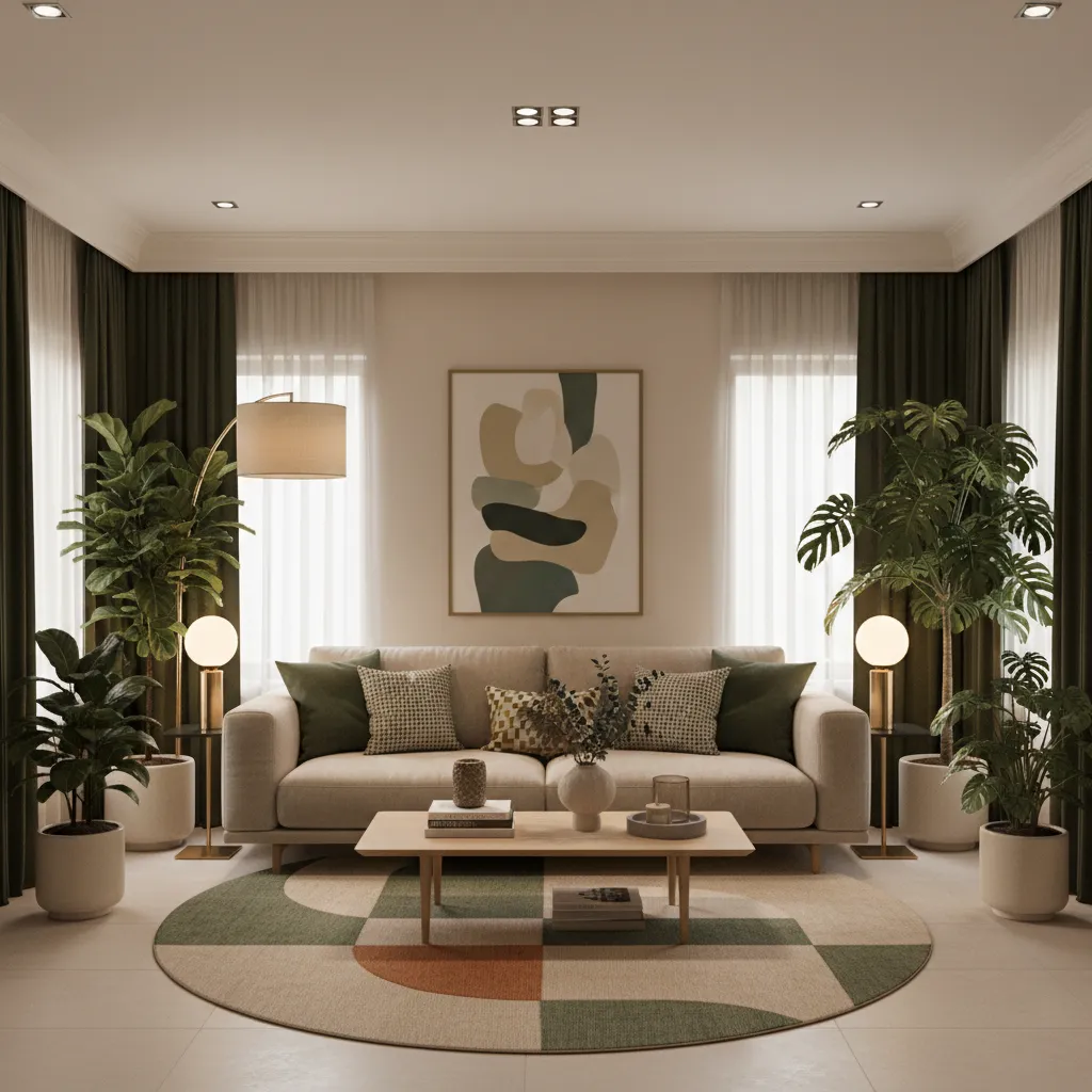 Balanced beige and green living room with plants lighting and layered decor