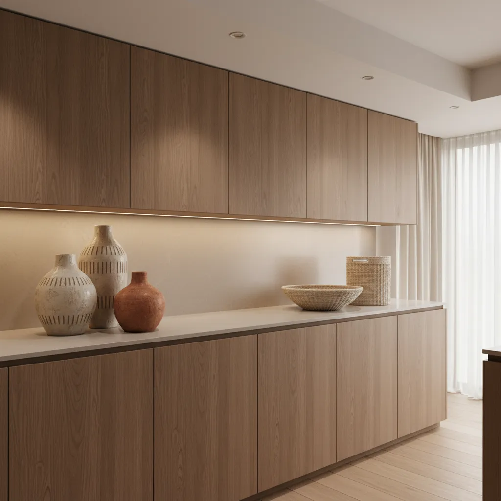 Interior designer styled pottery and baskets above kitchen cabinets