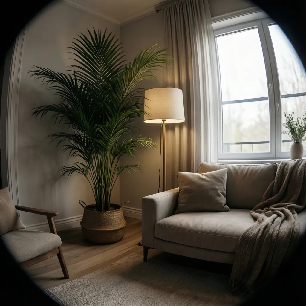 Corner styling with plant and floor lamp beside angled sofa