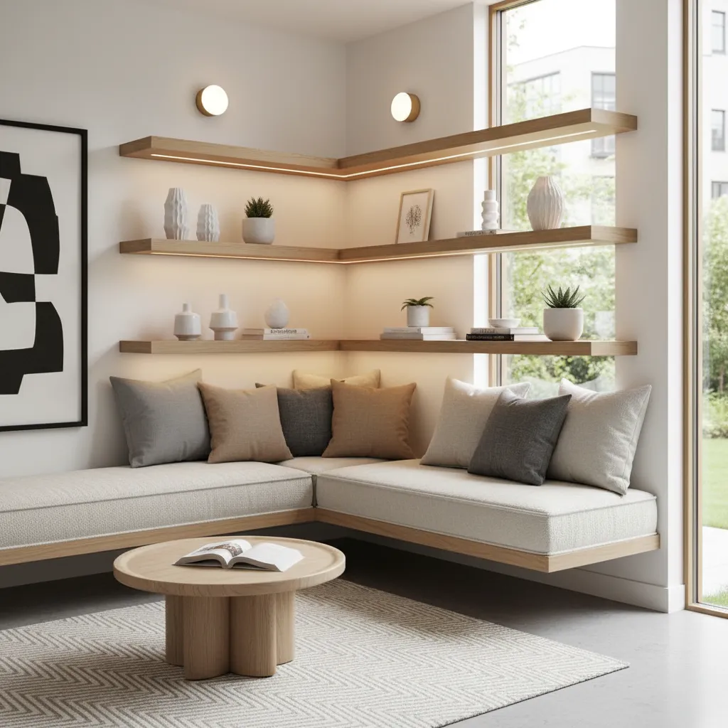 Decorated corner seating area with shelves and lighting