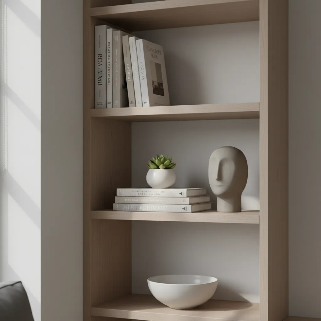Well styled corner shelf with books plant and decorative objects