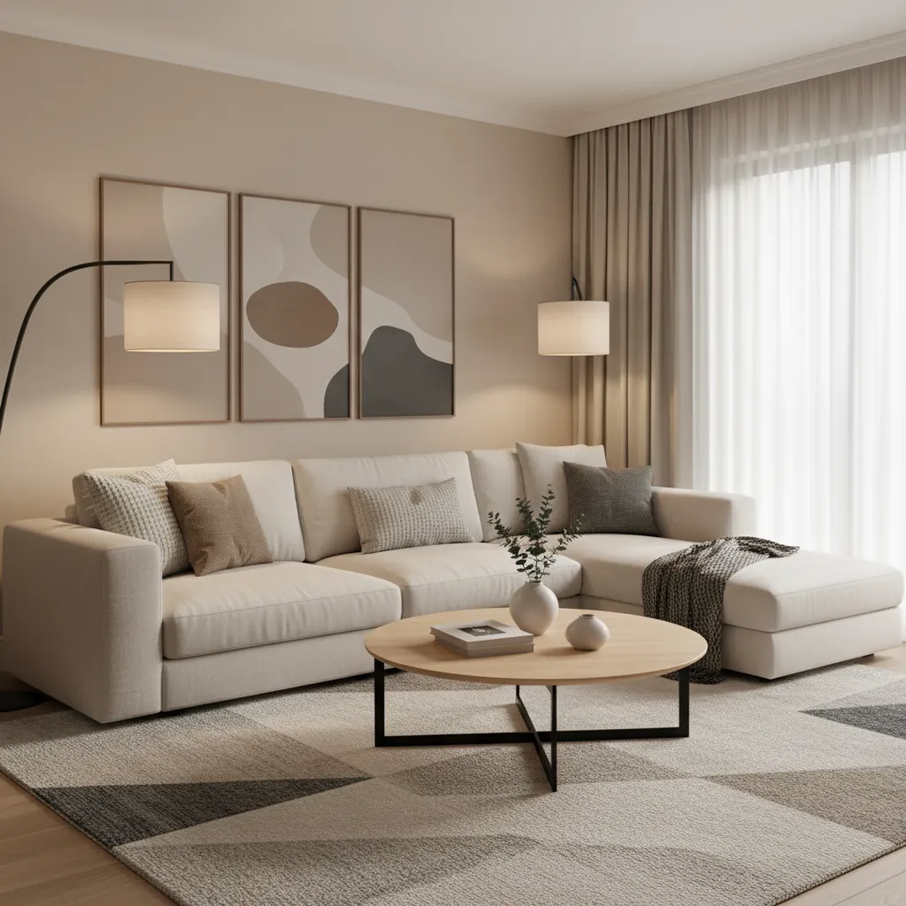 Styled living room with corner sofa, round coffee table and floor lamp