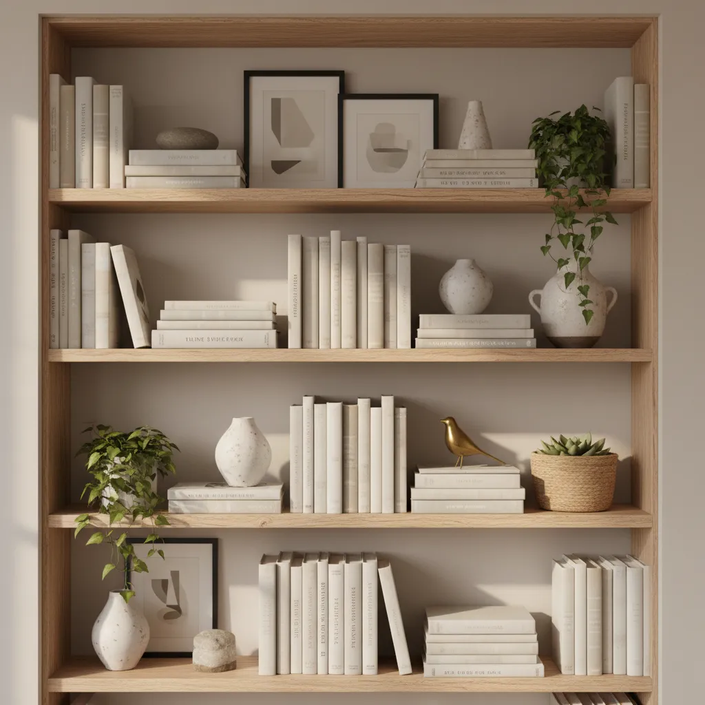 Close view of professionally styled decorative bookshelf