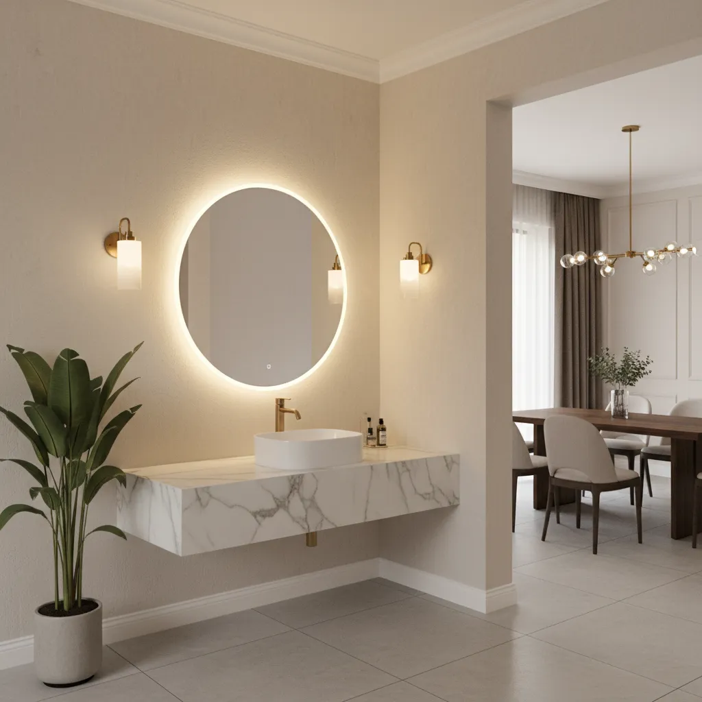 Beautifully styled dining room wash basin area with mirror lighting and decor