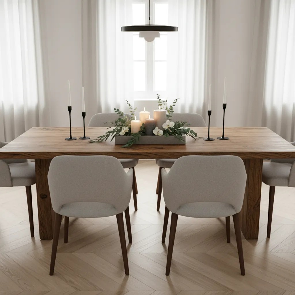 Dining table with simple centerpiece tray candles and greenery