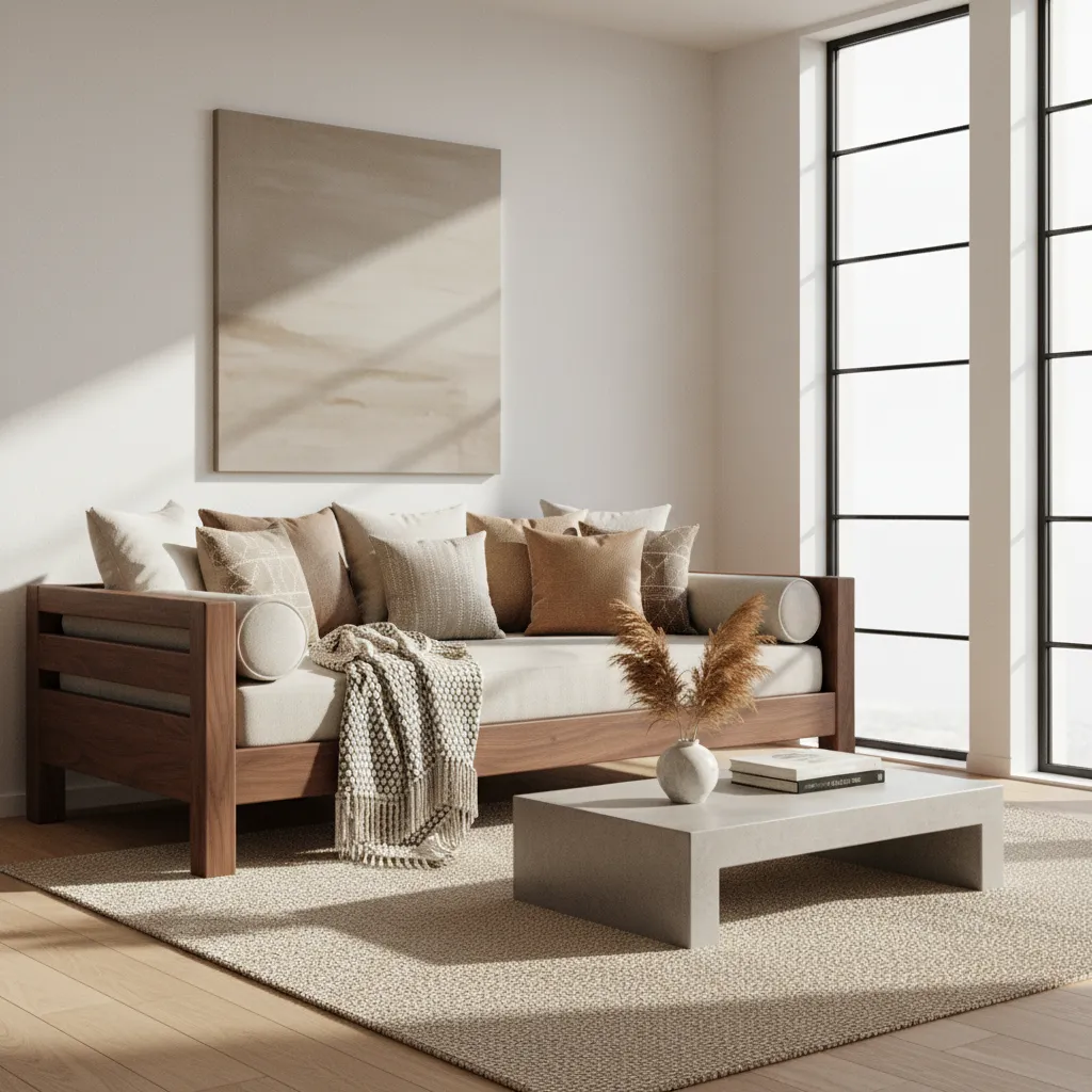 Beautifully styled diwan with layered cushions and throw blanket in a modern living room