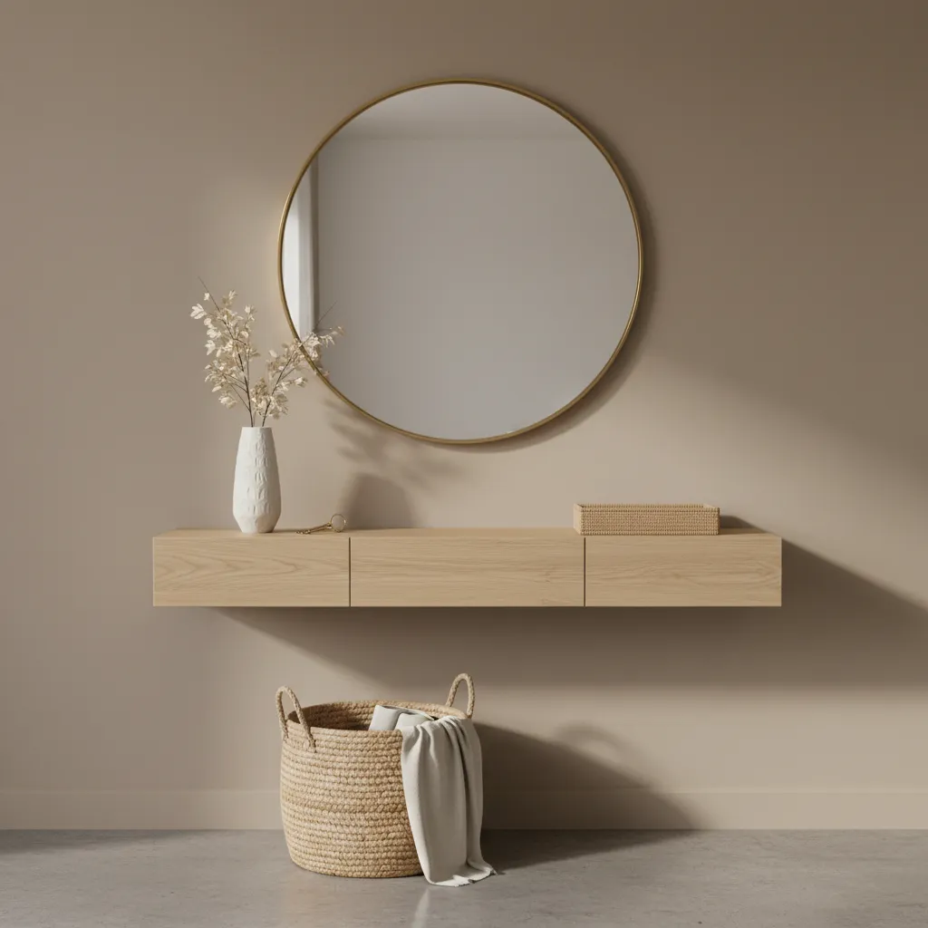 Minimal entryway styled with mirror tray vase and basket using budget decor
