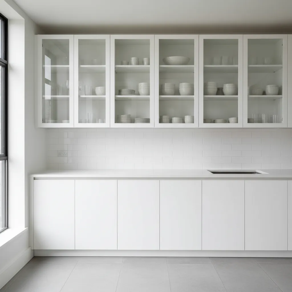 Organized glass kitchen cabinets displaying plates and bowls in a minimalist arrangement