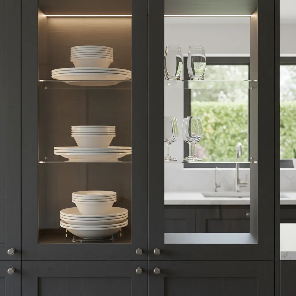 Styled kitchen glass cabinet shelves with plates and glasses