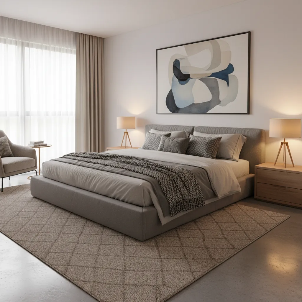 Bright stylish bedroom with grey bed frame warm lighting textured bedding and accent decor
