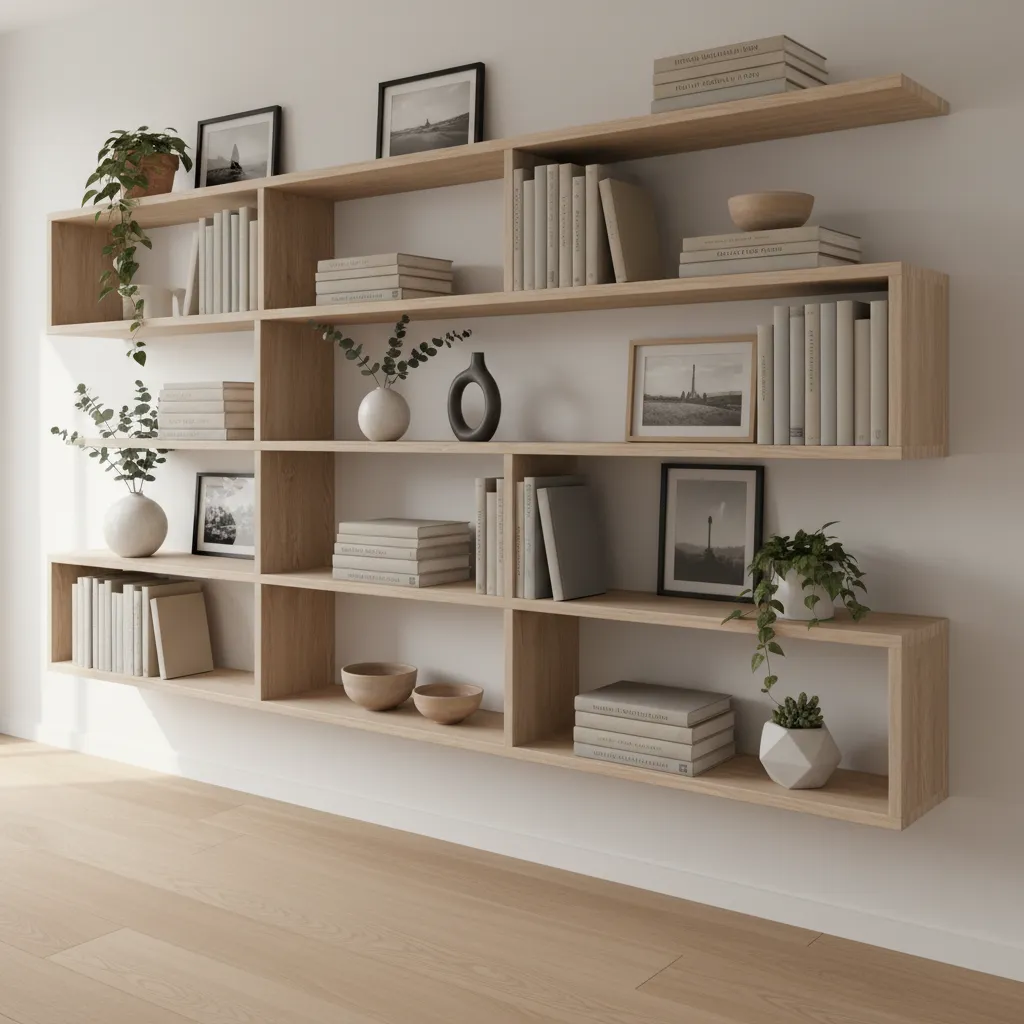 Narrow hallway shelves styled with balanced decor and empty space