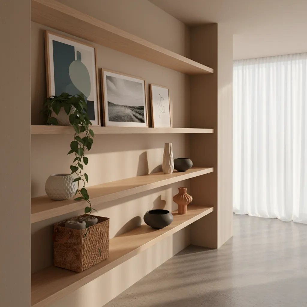 well styled hallway wall shelves with plants art and baskets