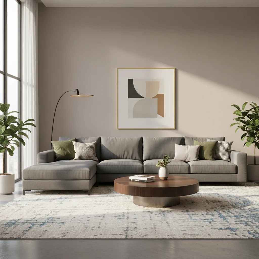 stylish L shaped sectional sofa with rug and round coffee table