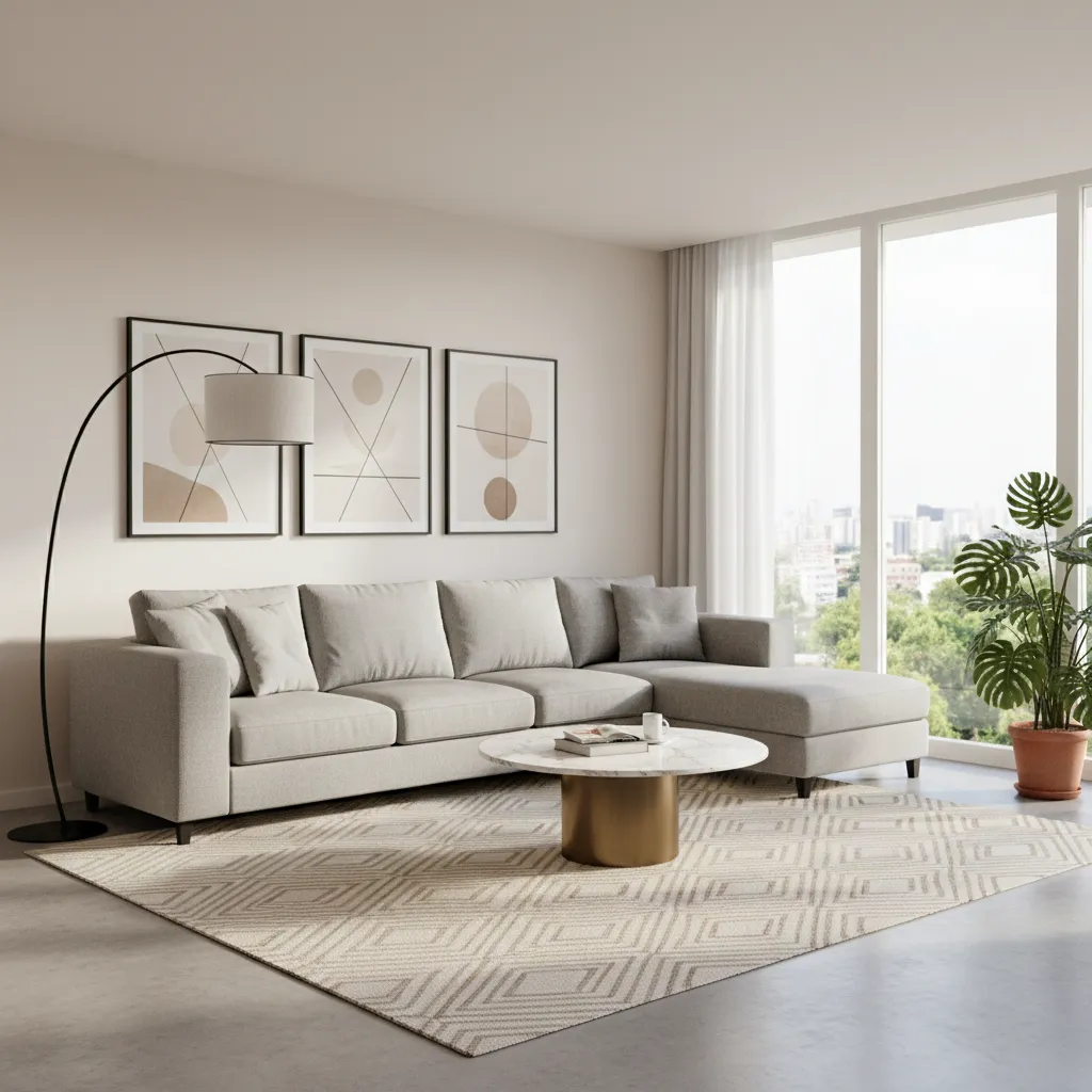 Styled modern living room with L shaped sofa round coffee table and large rug
