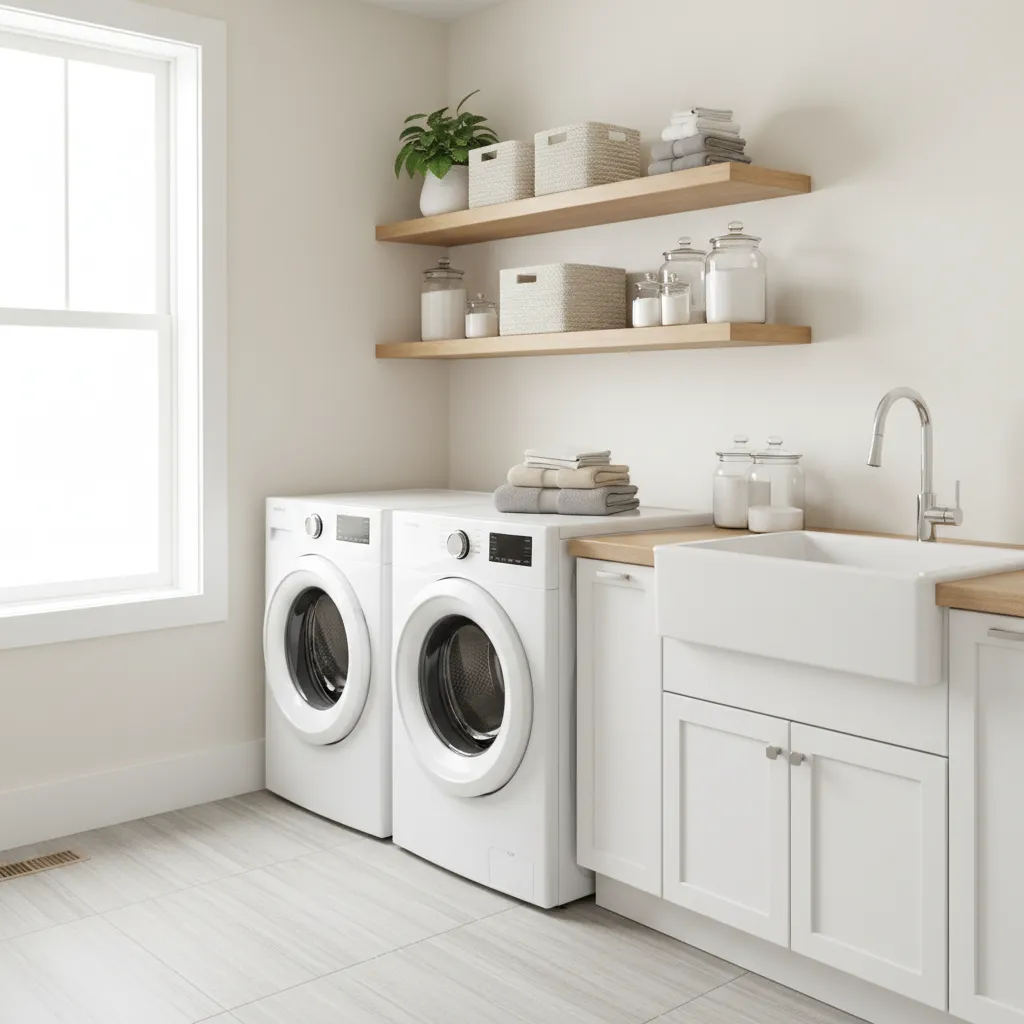 Decorated laundry room floating shelves with baskets plants and storage jars