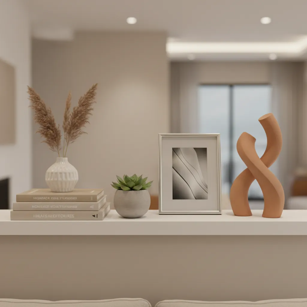 Close view of styled decorative living room shelf with books plants and ceramic objects
