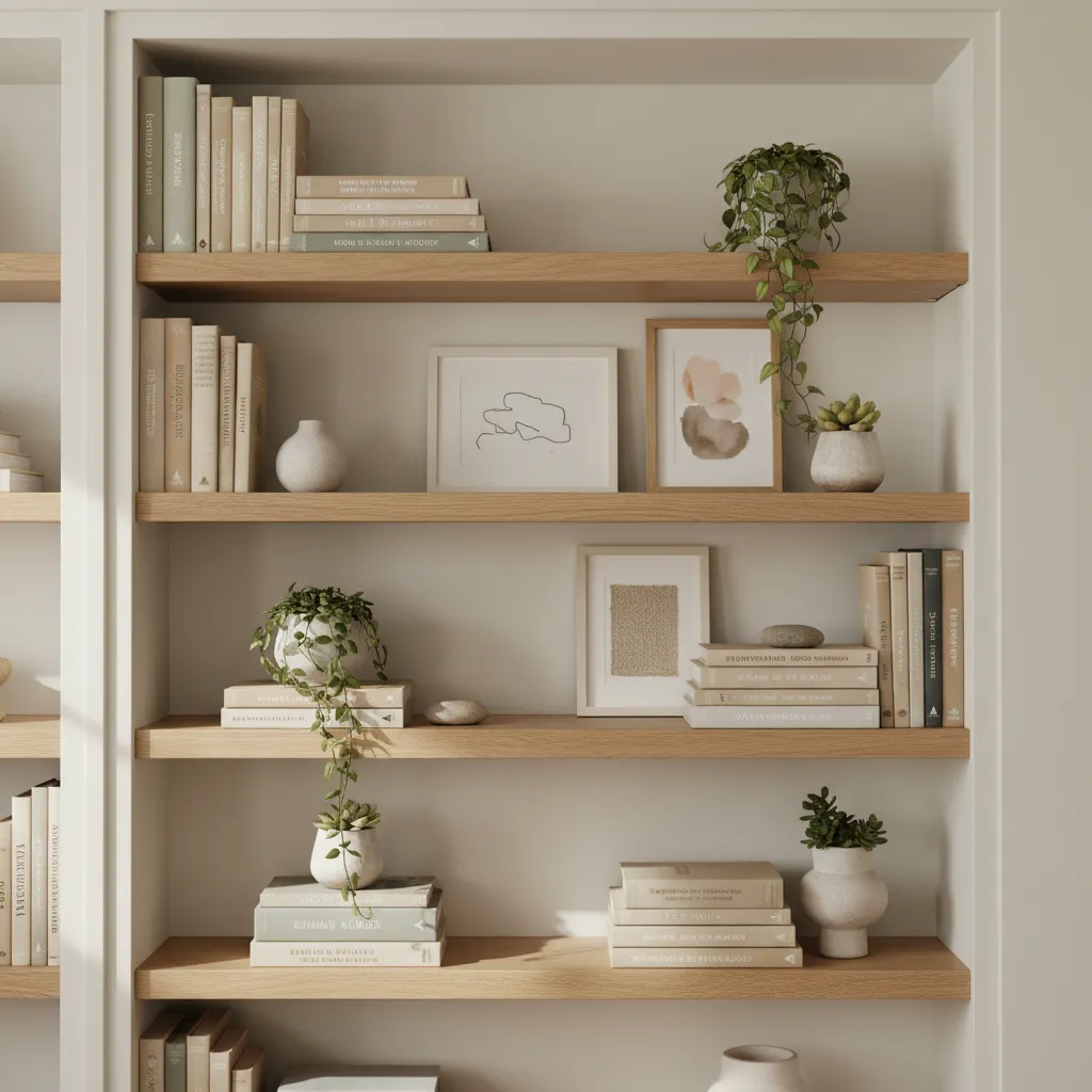 Well styled living room wall shelves with books plants and decor
