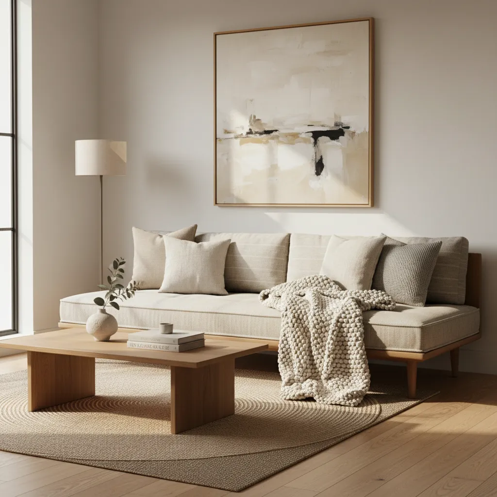 Modern diwan styled with layered cushions and throw in living room