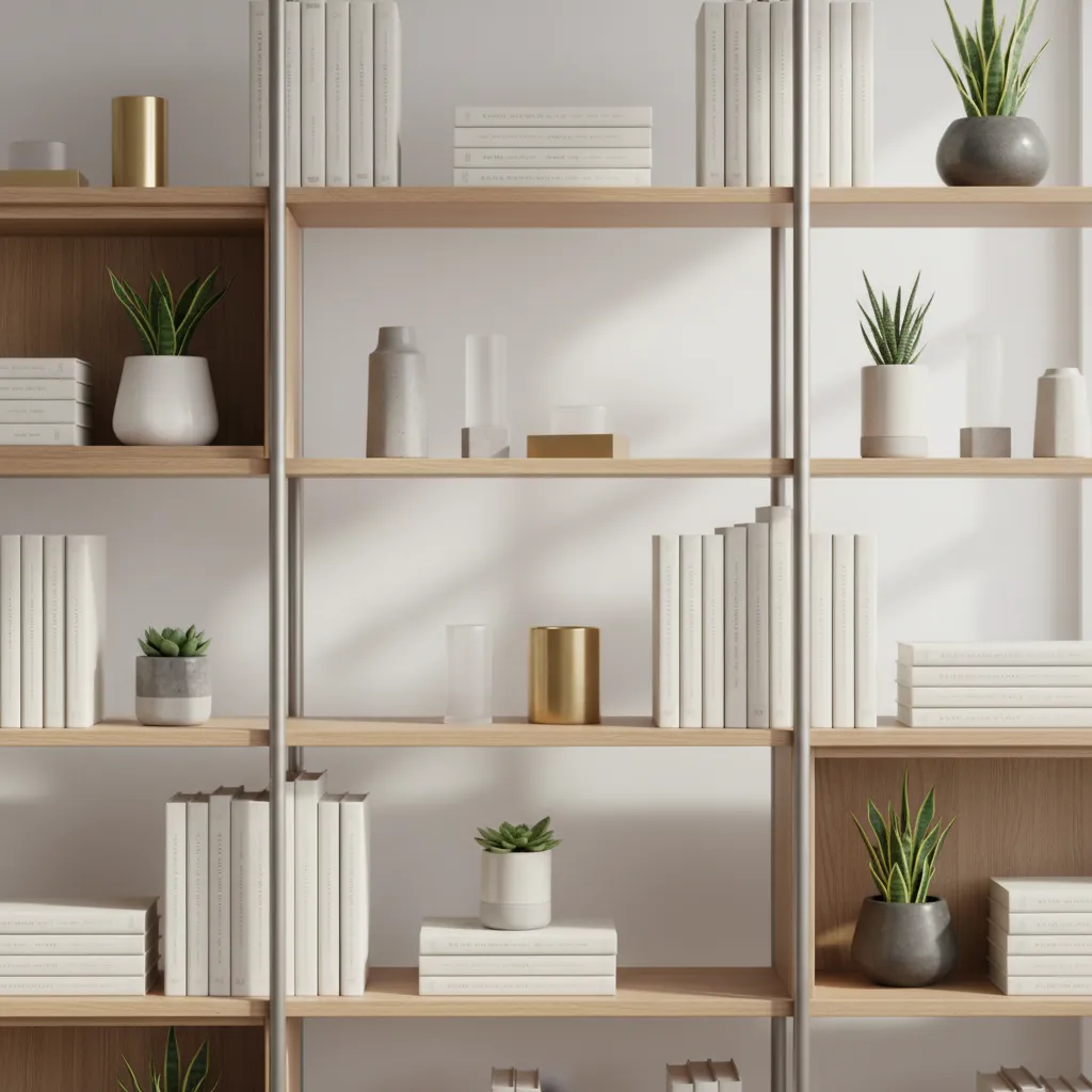 well styled office bookcase with books decor and empty space