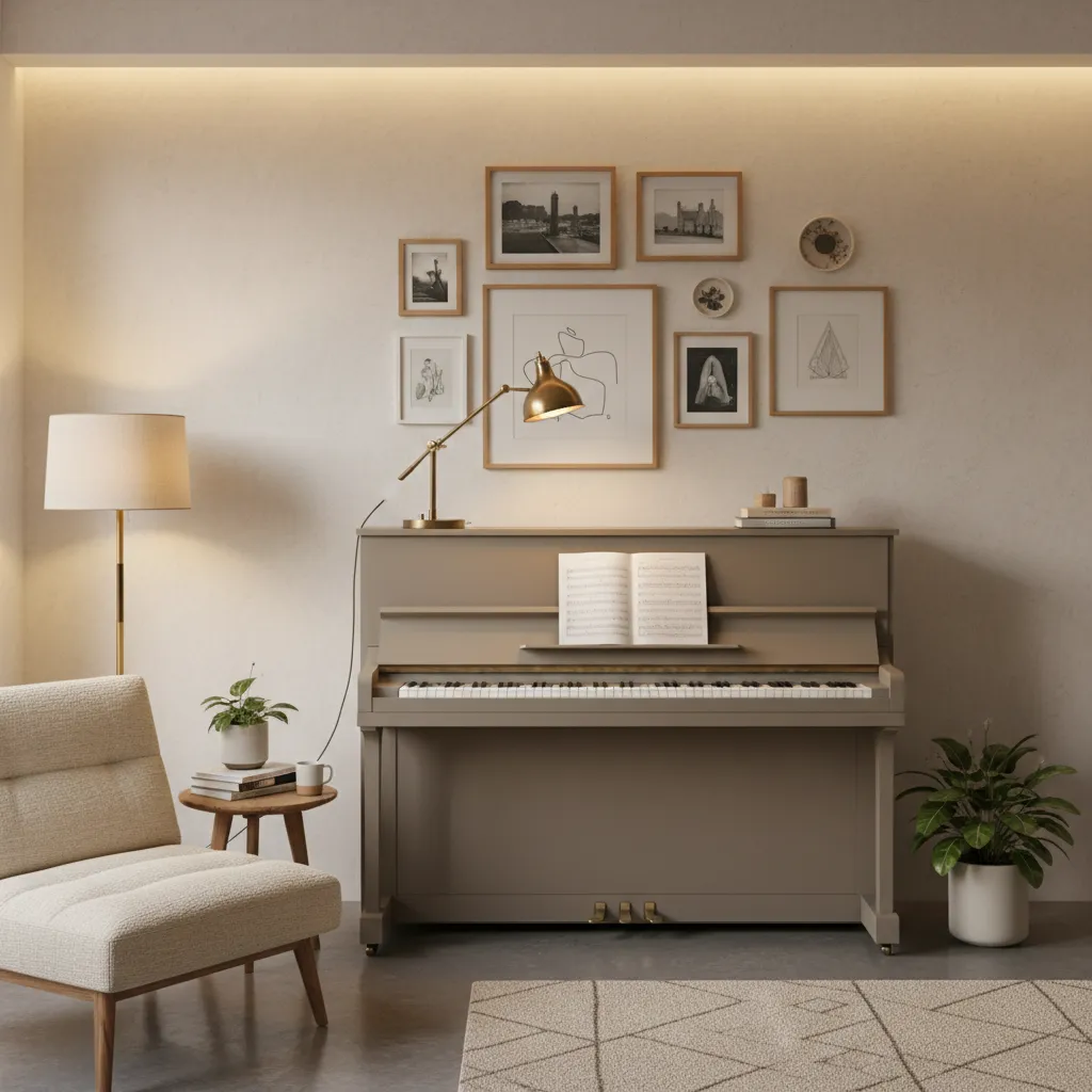 Styled piano wall with artwork and lighting in small living room