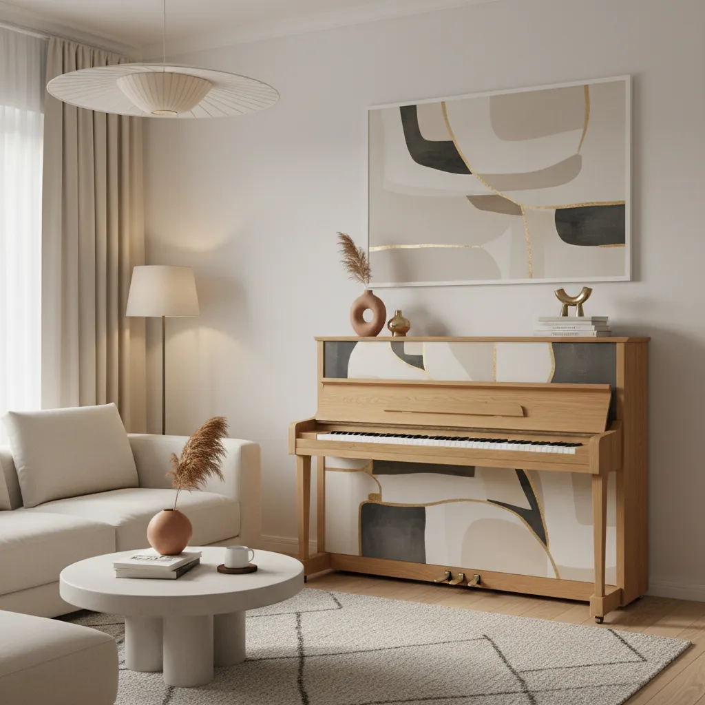 Decorated piano wall with artwork and lighting in small living room