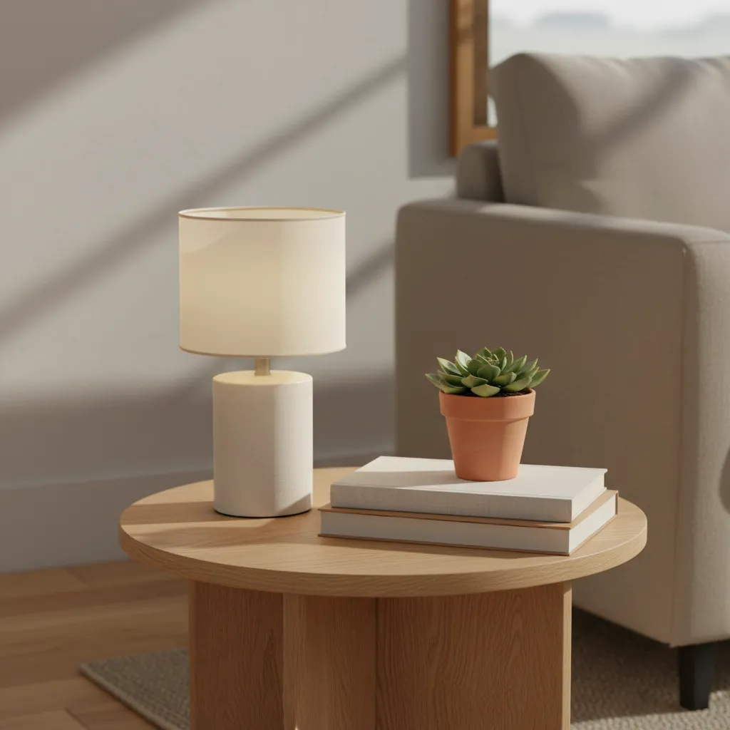 Small side table styled with lamp books and plant in a compact apartment corner
