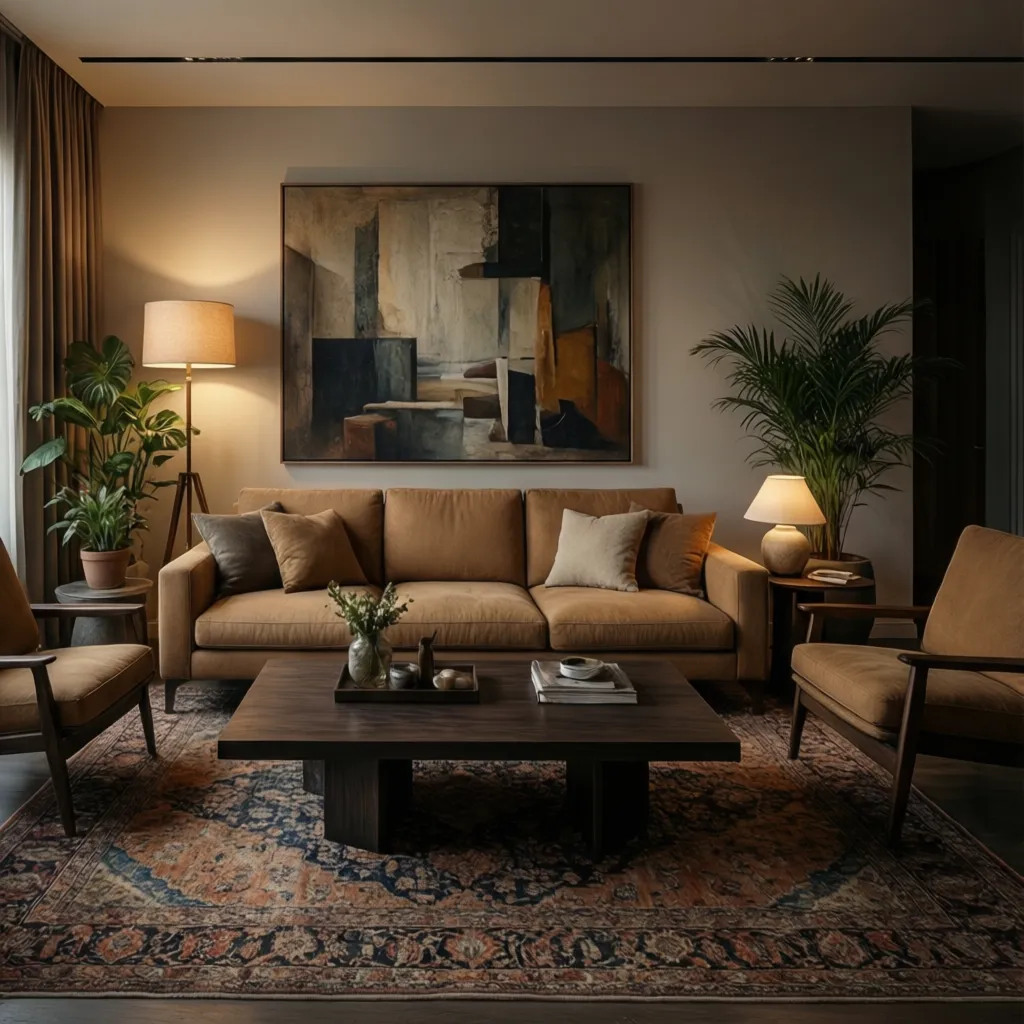 well styled modern living room centered around a tan couch