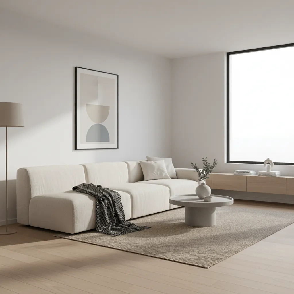 minimalist living room with single throw blanket styled on sofa arm