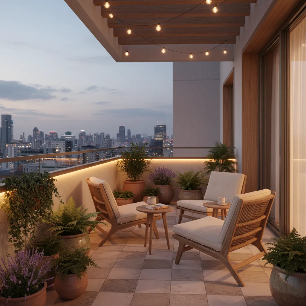 Cozy balcony with tiled floor seating plants and soft lighting