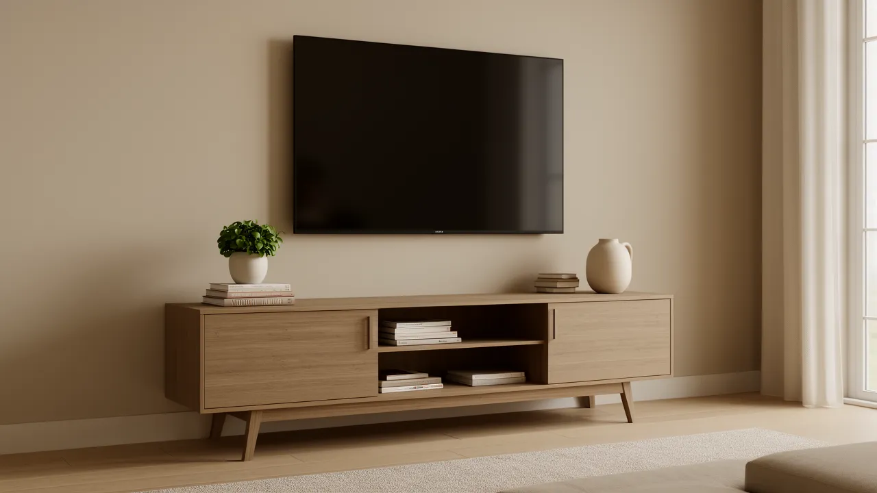 decorated TV stand with plants books and balanced styling