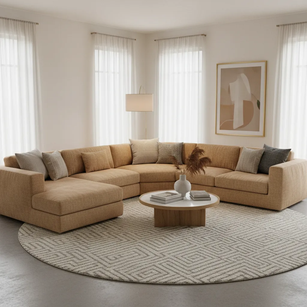 Styled contemporary living room with U shaped sectional sofa and decor