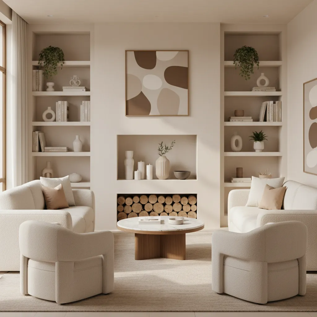 unused fireplace decorated with candles vases and logs for display