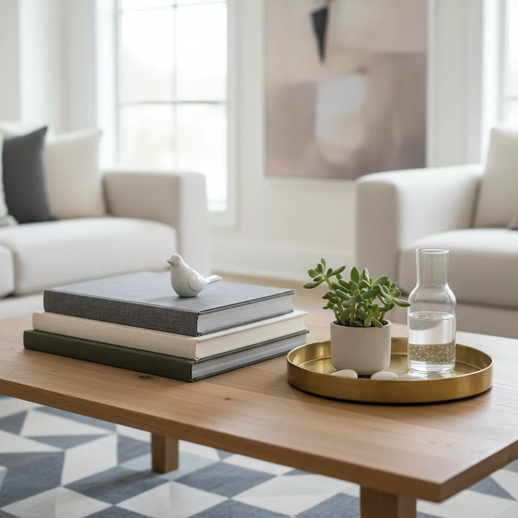 Wooden center table styled with books, tray, and plant in a contemporary drawing room